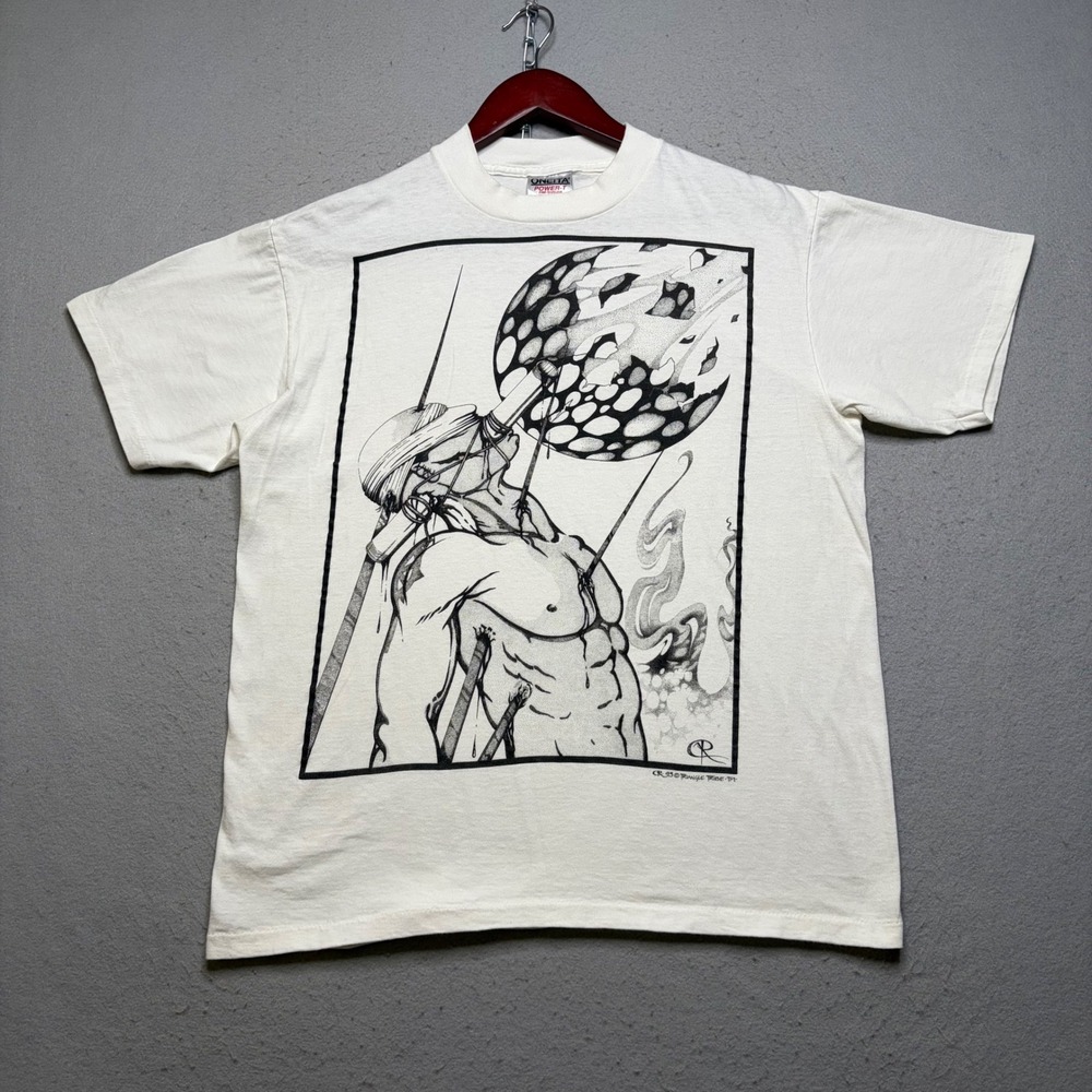 Oneita T-Shirt Mens L White Triangle Tribe 1993 Graphic Vintage 90s Rare Stains